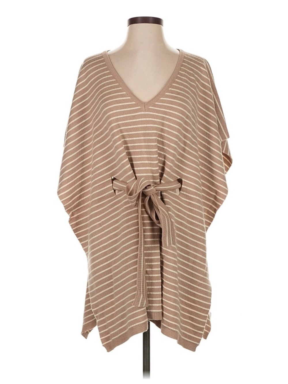 Striped V-Neck Tie-Waist Poncho in Beige & Cream